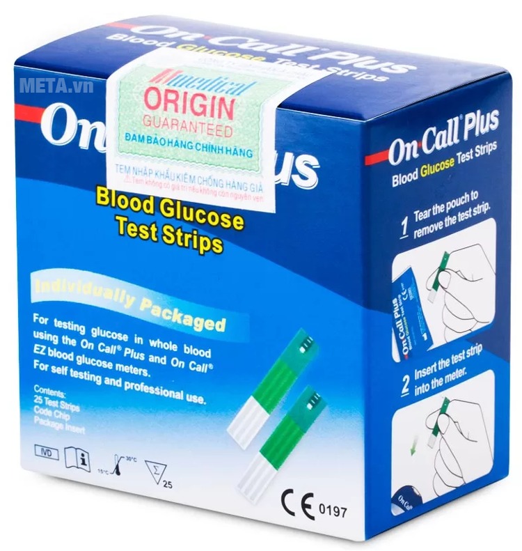 Que thử đường huyết On Call Plus có tem đảm bảo hàng chính hãng trên vỏ hộp.